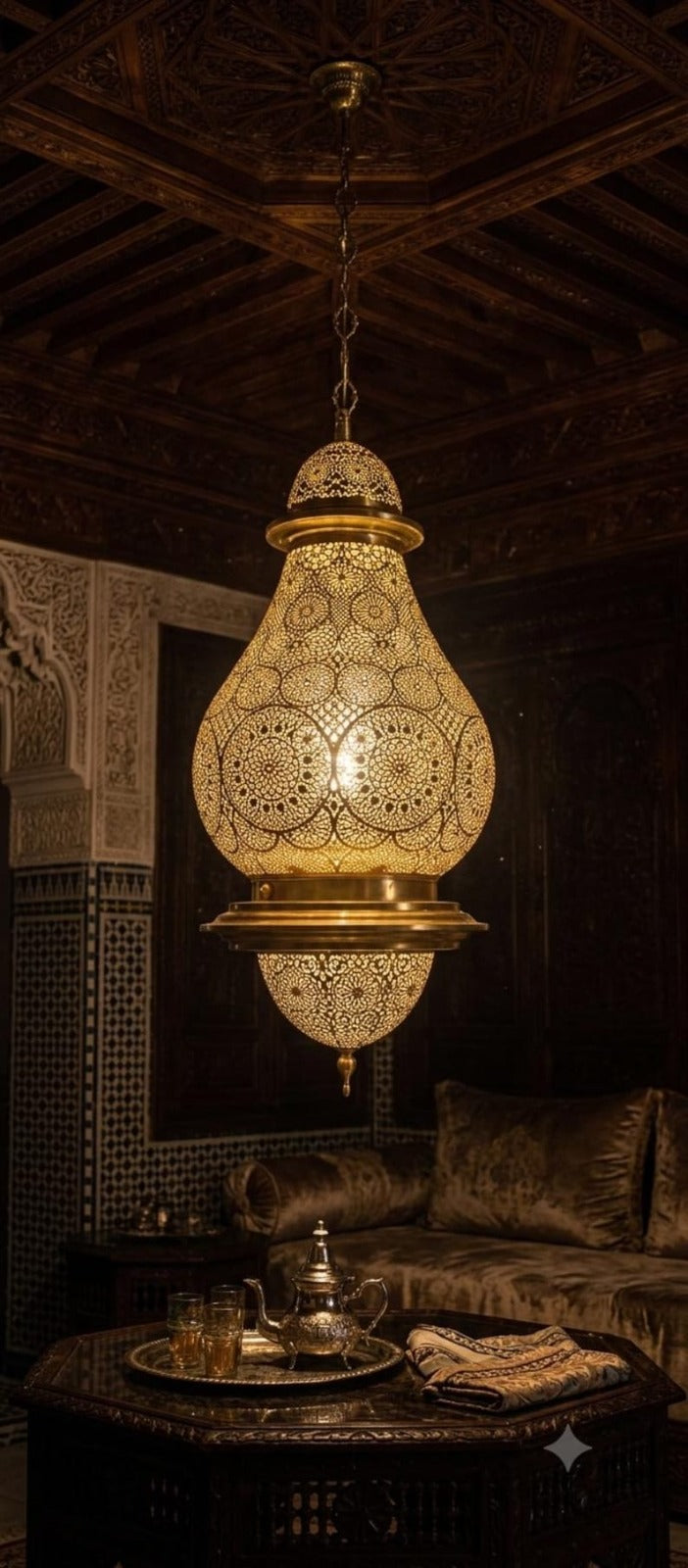 Large Moroccan Pierced Brass Lantern Chandelier, Handmade Moorish Palace Pendant Light, Luxury Gold Arabic Hanging Lamp, Boho Filigree Shadow Ceiling Light Fixture