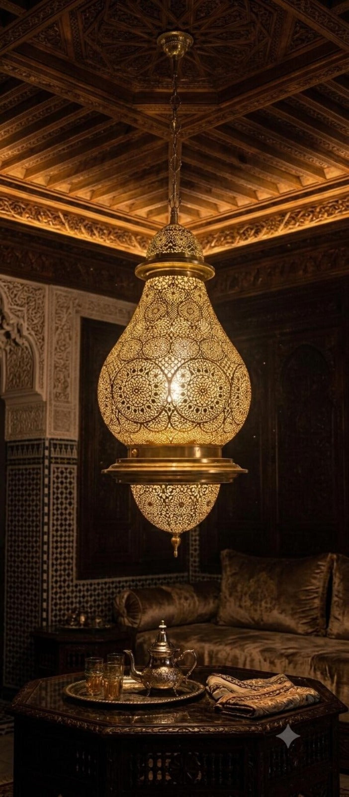 Large Moroccan Pierced Brass Lantern Chandelier, Handmade Moorish Palace Pendant Light, Luxury Gold Arabic Hanging Lamp, Boho Filigree Shadow Ceiling Light Fixture