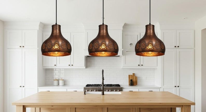 Pierced Brass Moroccan Pendant Light – Hammered Copper Teardrop Kitchen Island Chandelier