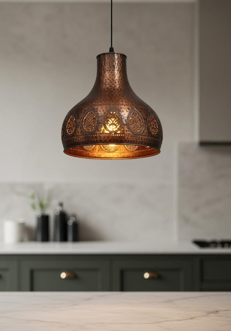 Pierced Brass Moroccan Pendant Light – Hammered Copper Teardrop Kitchen Island Chandelier