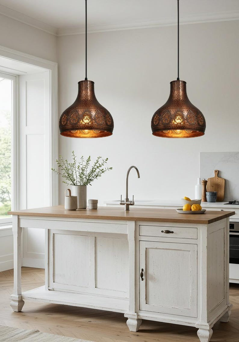 Pierced Brass Moroccan Pendant Light – Hammered Copper Teardrop Kitchen Island Chandelier