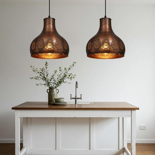 Pierced Brass Moroccan Pendant Light – Hammered Copper Teardrop Kitchen Island Chandelier