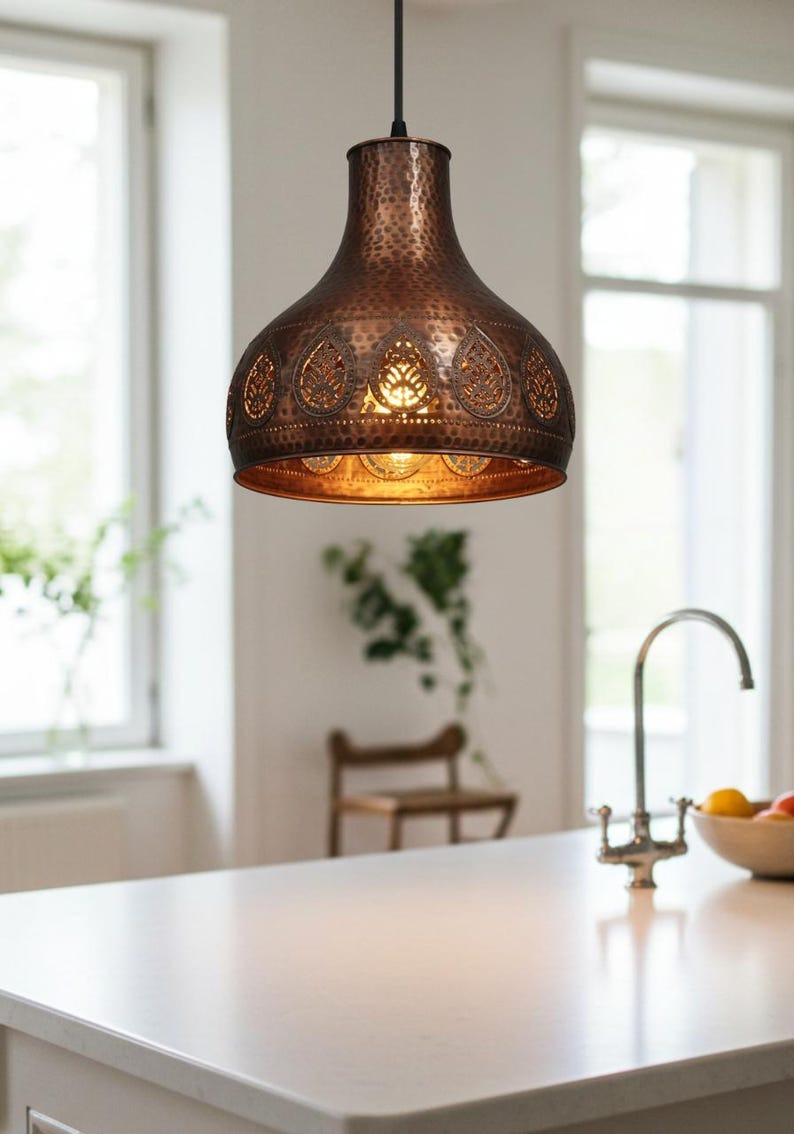 Pierced Brass Moroccan Pendant Light – Hammered Copper Teardrop Kitchen Island Chandelier