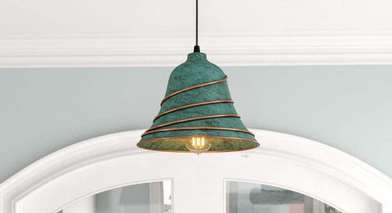 Handmade Green Patina Brass Pendant Light – Moroccan Cone Dome Hanging Lamp with Spiral Copper Brass Ribs for Kitchen Island, Dining Room & Boho Home Décor