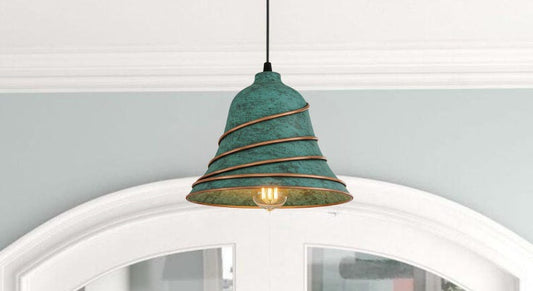 Handmade Green Patina Brass Pendant Light – Moroccan Cone Dome Hanging Lamp with Spiral Copper Brass Ribs for Kitchen Island, Dining Room & Boho Home Décor