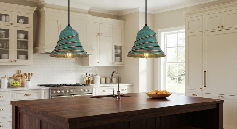 Handmade Green Patina Brass Pendant Light – Moroccan Cone Dome Hanging Lamp with Spiral Copper Brass Ribs for Kitchen Island, Dining Room & Boho Home Décor