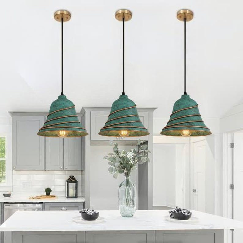 Handmade Green Patina Brass Pendant Light – Moroccan Cone Dome Hanging Lamp with Spiral Copper Brass Ribs for Kitchen Island, Dining Room & Boho Home Décor