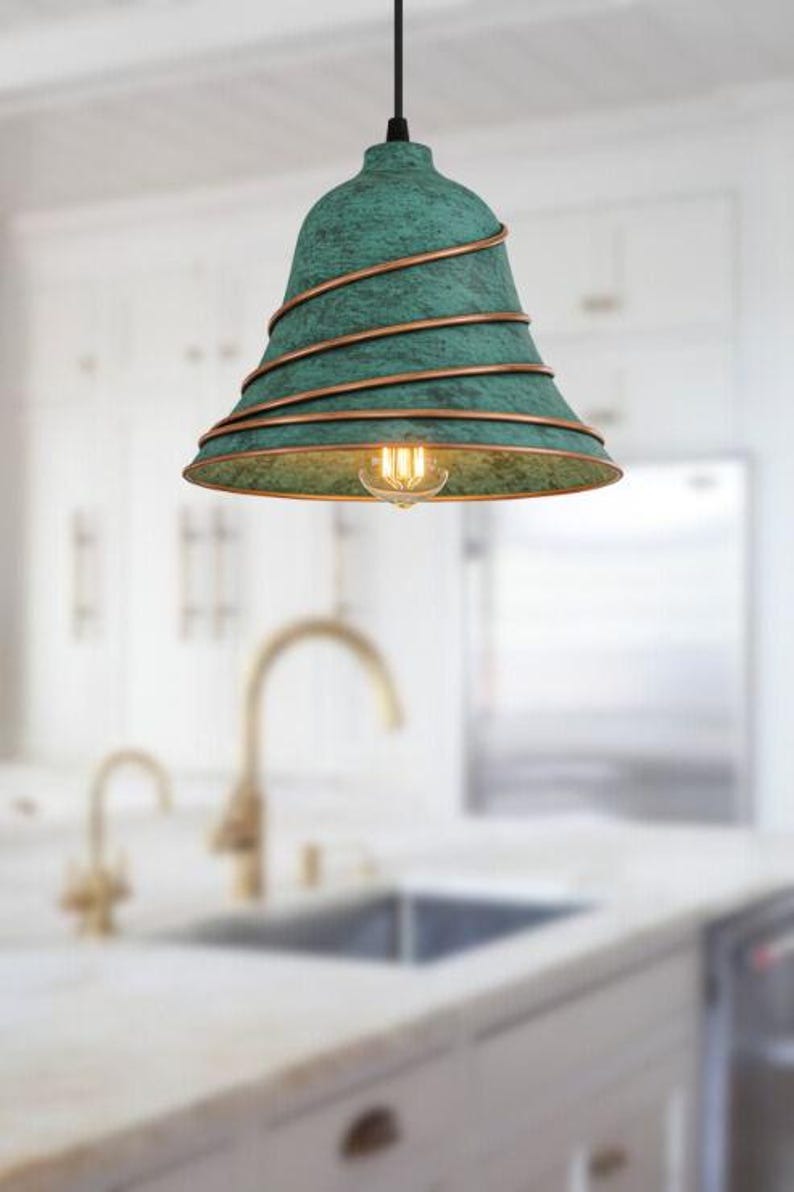 Handmade Green Patina Brass Pendant Light – Moroccan Cone Dome Hanging Lamp with Spiral Copper Brass Ribs for Kitchen Island, Dining Room & Boho Home Décor