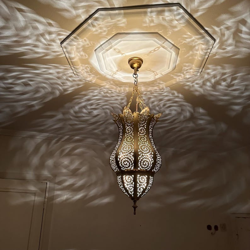 Moroccan Pierced Brass Lantern Chandelier, Handmade Moorish Floral Hanging Pendant Light, Boho Arabic Shadow Lamp, Gold Filigree Ceiling Light Fixture