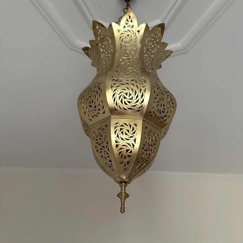 Moroccan Pierced Brass Lantern Chandelier, Handmade Moorish Floral Hanging Pendant Light, Boho Arabic Shadow Lamp, Gold Filigree Ceiling Light Fixture
