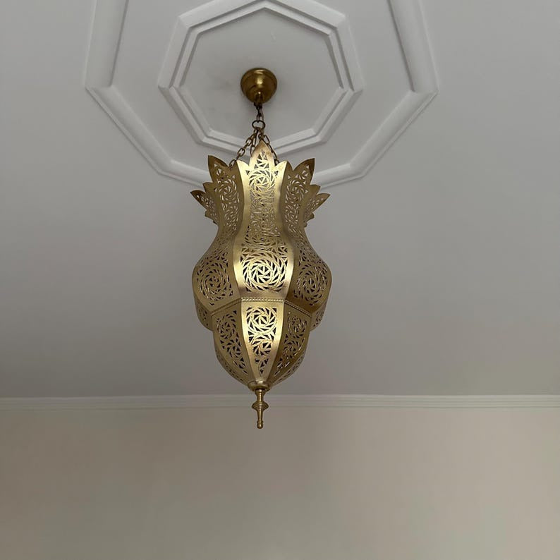 Moroccan Pierced Brass Lantern Chandelier, Handmade Moorish Floral Hanging Pendant Light, Boho Arabic Shadow Lamp, Gold Filigree Ceiling Light Fixture