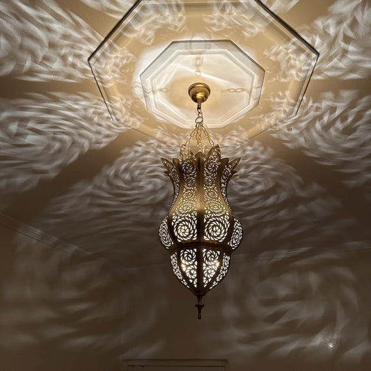 Moroccan Pierced Brass Lantern Chandelier, Handmade Moorish Floral Hanging Pendant Light, Boho Arabic Shadow Lamp, Gold Filigree Ceiling Light Fixture