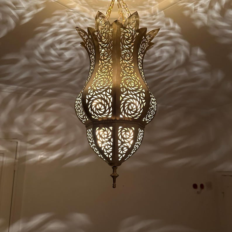 Moroccan Pierced Brass Lantern Chandelier, Handmade Moorish Floral Hanging Pendant Light, Boho Arabic Shadow Lamp, Gold Filigree Ceiling Light Fixture