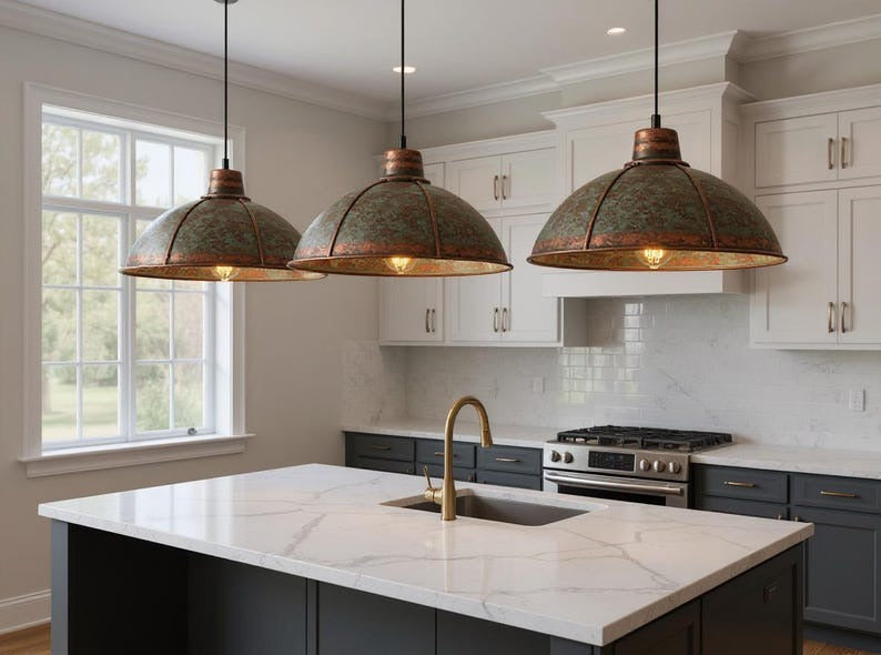 Framed Green Patina Copper Dome Pendant Light, Handmade Moroccan Verdigris Copper Chandelier, Rustic Kitchen Island Hanging Lamp, Boho Farmhouse Ceiling Light Fixture