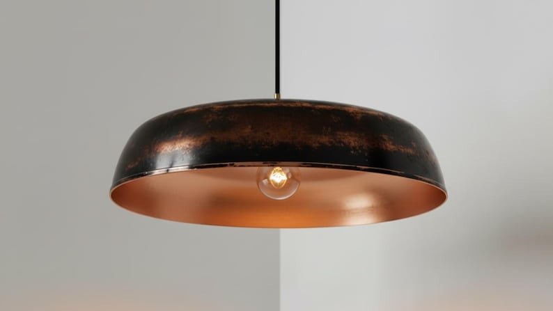 Blackened Copper Pendant Light, Handmade Hammered Dome Ceiling Lamp, Rustic Industrial Kitchen Island Chandelier