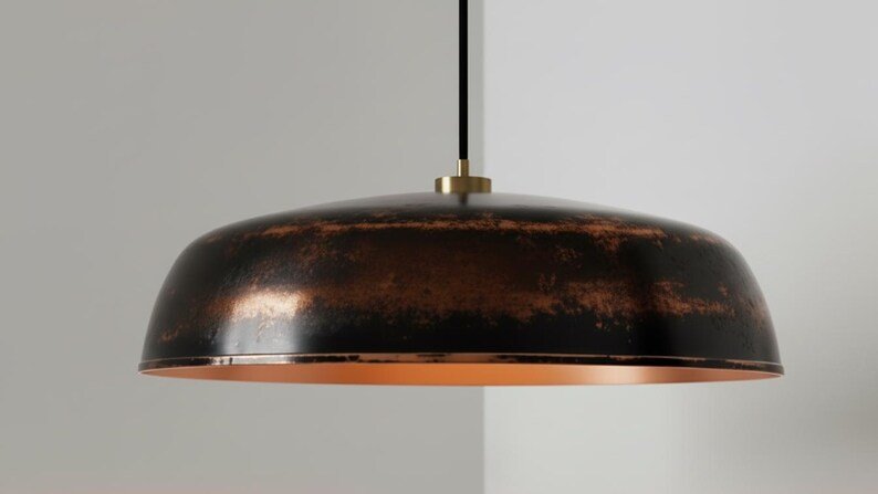 Blackened Copper Pendant Light, Handmade Hammered Dome Ceiling Lamp, Rustic Industrial Kitchen Island Chandelier