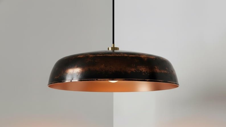 Blackened Copper Pendant Light, Handmade Hammered Dome Ceiling Lamp, Rustic Industrial Kitchen Island Chandelier