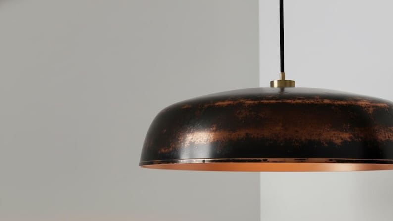 Blackened Copper Pendant Light, Handmade Hammered Dome Ceiling Lamp, Rustic Industrial Kitchen Island Chandelier