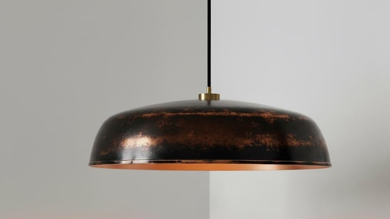 Blackened Copper Pendant Light, Handmade Hammered Dome Ceiling Lamp, Rustic Industrial Kitchen Island Chandelier