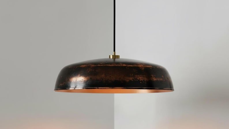 Blackened Copper Pendant Light, Handmade Hammered Dome Ceiling Lamp, Rustic Industrial Kitchen Island Chandelier