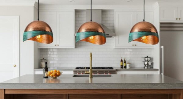 Green Patina Brass Hammered Dome Pendant Light – Handmade Copper Hanging Ceiling Lamp, Rustic Vintage Kitchen Island Lighting