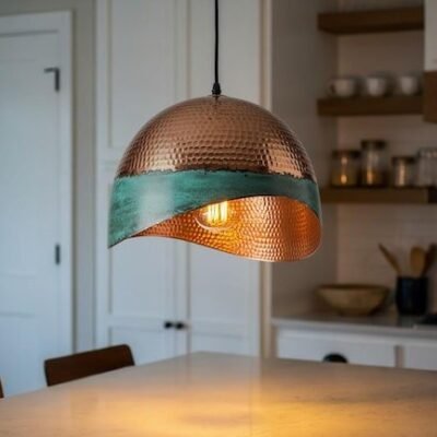 Green Patina Brass Hammered Dome Pendant Light – Handmade Copper Hanging Ceiling Lamp, Rustic Vintage Kitchen Island Lighting
