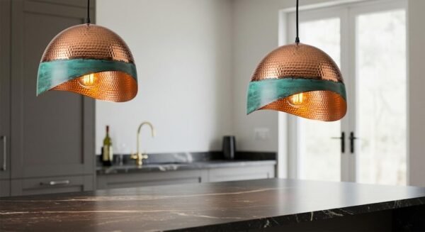 Green Patina Brass Hammered Dome Pendant Light – Handmade Copper Hanging Ceiling Lamp, Rustic Vintage Kitchen Island Lighting