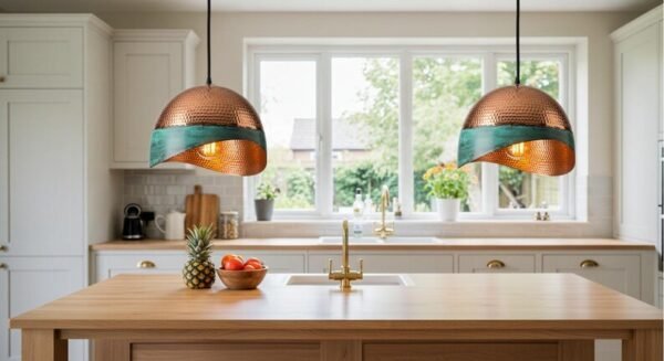 Green Patina Brass Hammered Dome Pendant Light – Handmade Copper Hanging Ceiling Lamp, Rustic Vintage Kitchen Island Lighting