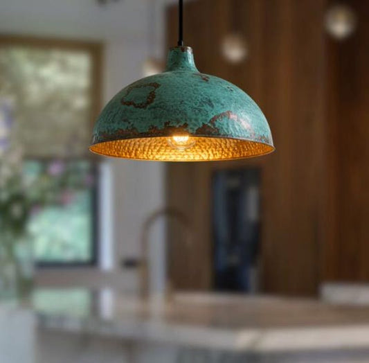 Handmade Blue Green Patina Brass Pendant Light – Moroccan Wide Dome Hanging Lamp with Warm Gold Interior for Kitchen Island, Dining Room & Boho Home Décor