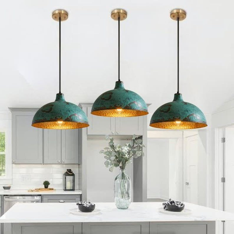 Handmade Blue Green Patina Brass Pendant Light – Moroccan Wide Dome Hanging Lamp with Warm Gold Interior for Kitchen Island, Dining Room & Boho Home Décor