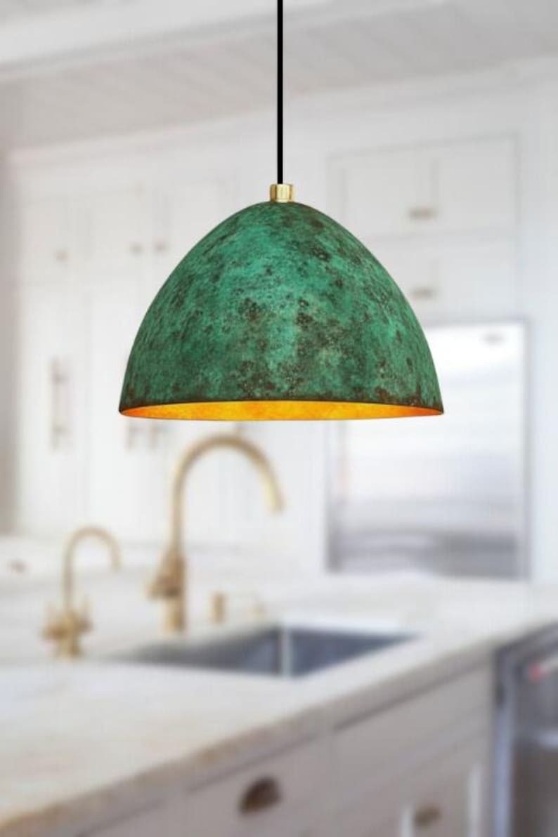 Handmade Green Patina Brass Pendant Light – Moroccan Dome Hanging Lamp with Warm Gold Interior for Kitchen Island, Dining Room & Boho Home Décor