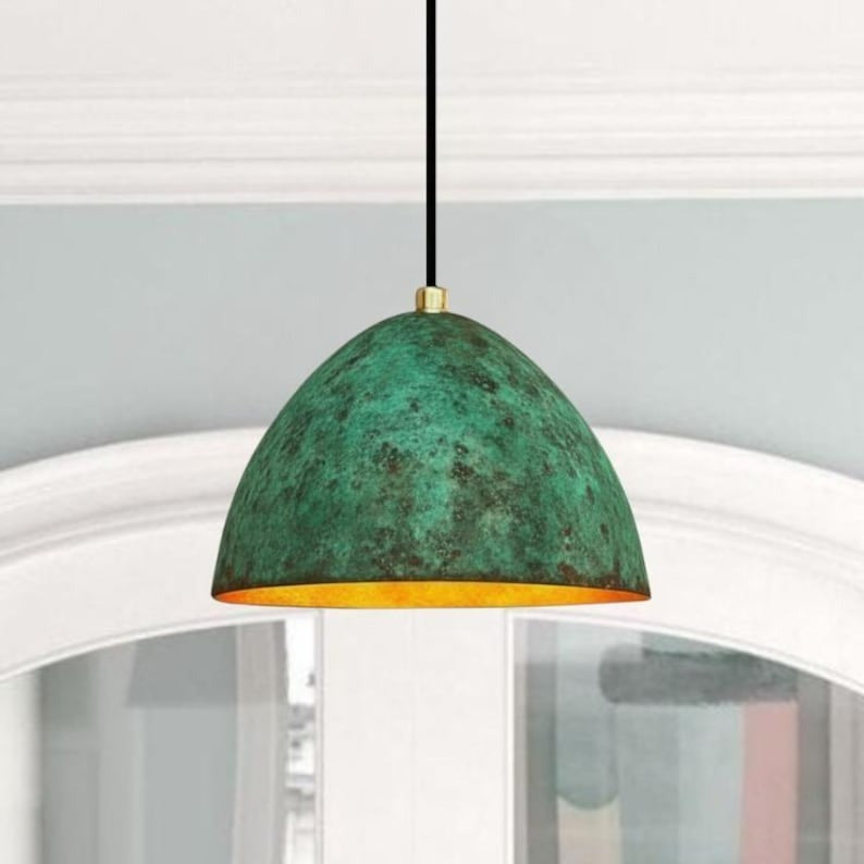 Handmade Green Patina Brass Pendant Light – Moroccan Dome Hanging Lamp with Warm Gold Interior for Kitchen Island, Dining Room & Boho Home Décor