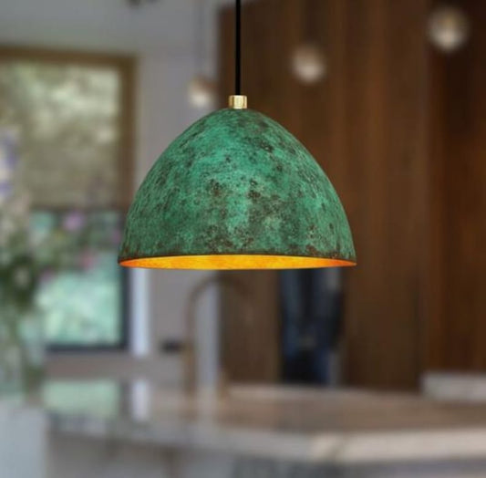 Handmade Green Patina Brass Pendant Light – Moroccan Dome Hanging Lamp with Warm Gold Interior for Kitchen Island, Dining Room & Boho Home Décor