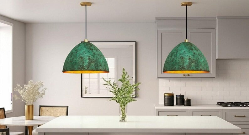 Handmade Green Patina Brass Pendant Light – Moroccan Dome Hanging Lamp with Warm Gold Interior for Kitchen Island, Dining Room & Boho Home Décor