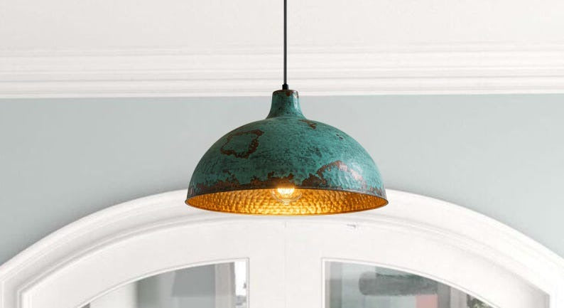 Handmade Blue Green Patina Brass Pendant Light – Moroccan Wide Dome Hanging Lamp with Warm Gold Interior for Kitchen Island, Dining Room & Boho Home Décor
