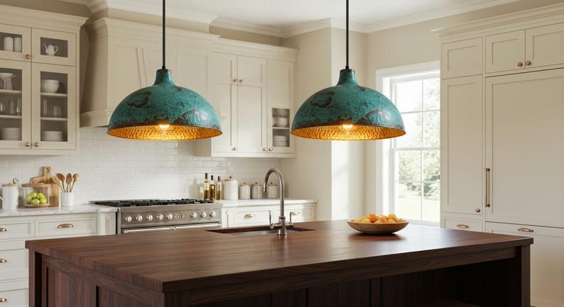 Handmade Blue Green Patina Brass Pendant Light – Moroccan Wide Dome Hanging Lamp with Warm Gold Interior for Kitchen Island, Dining Room & Boho Home Décor