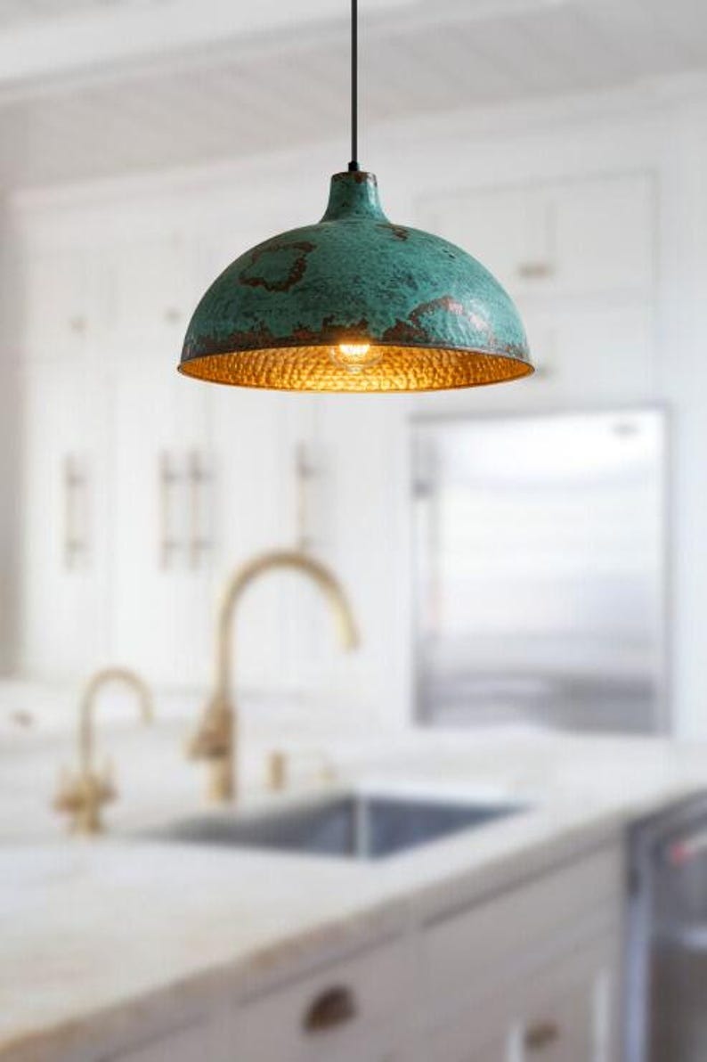Handmade Blue Green Patina Brass Pendant Light – Moroccan Wide Dome Hanging Lamp with Warm Gold Interior for Kitchen Island, Dining Room & Boho Home Décor