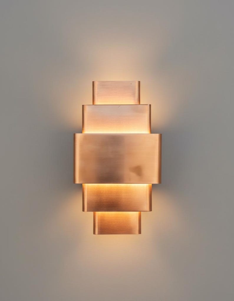 Handmade Moroccan Brass Wall Sconce – Geometric Tiered Copper Brass Wall Light with Up and Down Glow, Modern Art Deco Lamp for Bedroom, Hallway, Entryway & Living Room