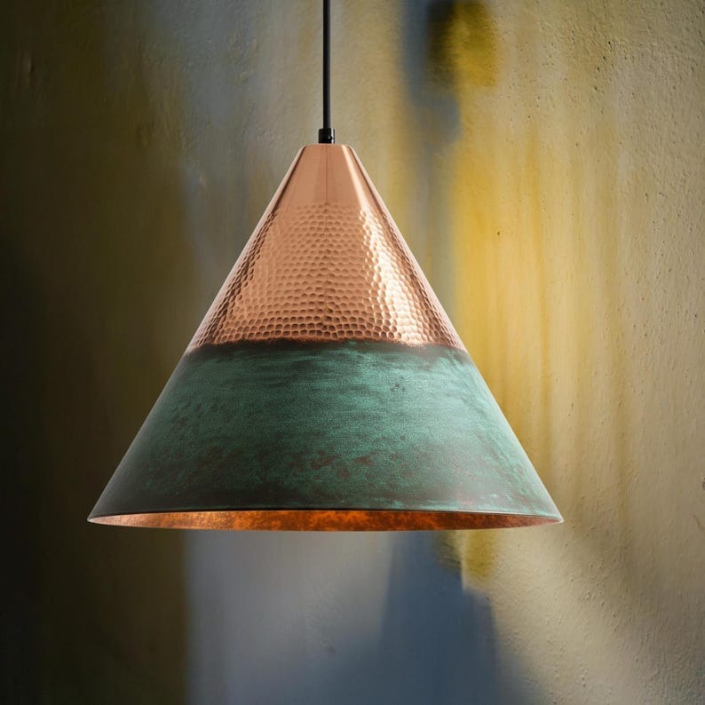 Handmade Moroccan Brass Cone Pendant Light – Hammered Copper and Green Verdigris Hanging Lamp with Warm Metallic Interior for Kitchen Island, Dining Room & Living Room