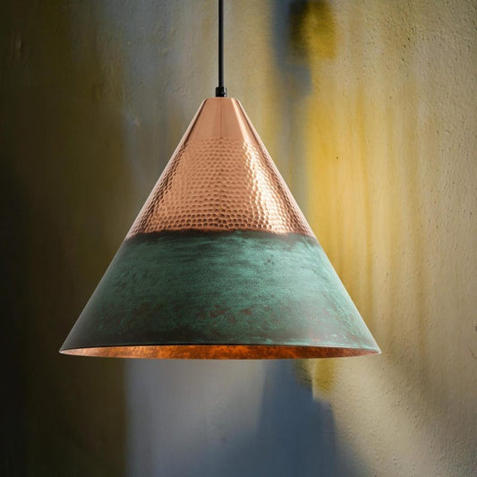 Handmade Moroccan Brass Cone Pendant Light – Hammered Copper and Green Verdigris Hanging Lamp with Warm Metallic Interior for Kitchen Island, Dining Room & Living Room