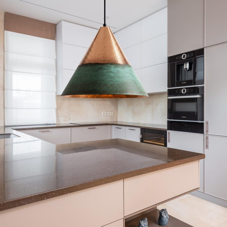 Handmade Moroccan Brass Cone Pendant Light – Hammered Copper and Green Verdigris Hanging Lamp with Warm Metallic Interior for Kitchen Island, Dining Room & Living Room