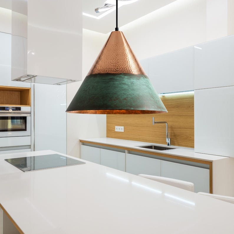 Handmade Moroccan Brass Cone Pendant Light – Hammered Copper and Green Verdigris Hanging Lamp with Warm Metallic Interior for Kitchen Island, Dining Room & Living Room