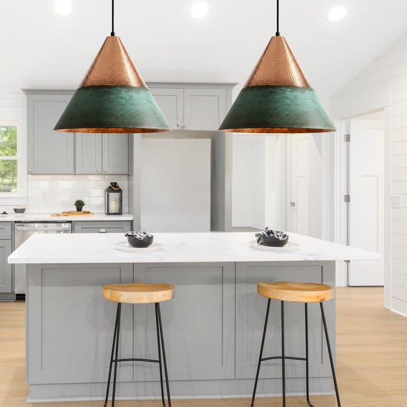 Handmade Moroccan Brass Cone Pendant Light – Hammered Copper and Green Verdigris Hanging Lamp with Warm Metallic Interior for Kitchen Island, Dining Room & Living Room