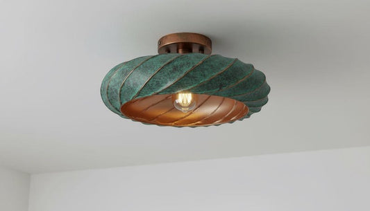 Handmade Moroccan Brass Flush Mount Ceiling Light – Twisted Turquoise Verdigris Dome Fixture with Warm Copper Interior