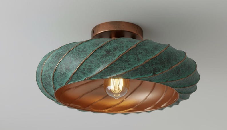 Handmade Moroccan Brass Flush Mount Ceiling Light – Twisted Turquoise Verdigris Dome Fixture with Warm Copper Interior
