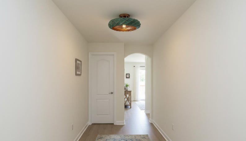 Handmade Moroccan Brass Flush Mount Ceiling Light – Twisted Turquoise Verdigris Dome Fixture with Warm Copper Interior