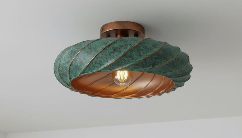 Handmade Moroccan Brass Flush Mount Ceiling Light – Twisted Turquoise Verdigris Dome Fixture with Warm Copper Interior