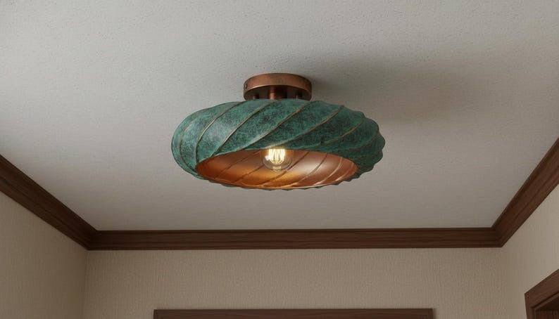 Handmade Moroccan Brass Flush Mount Ceiling Light – Twisted Turquoise Verdigris Dome Fixture with Warm Copper Interior