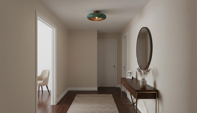 Handmade Moroccan Brass Flush Mount Ceiling Light – Twisted Turquoise Verdigris Dome Fixture with Warm Copper Interior