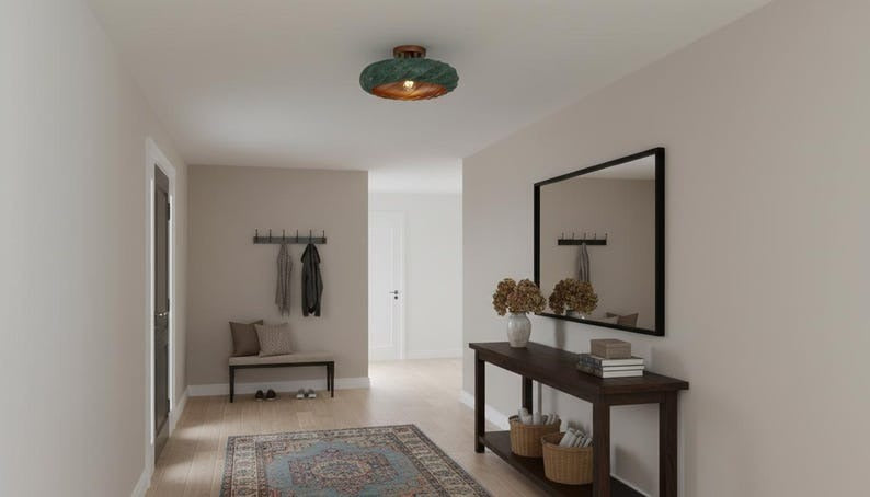 Handmade Moroccan Brass Flush Mount Ceiling Light – Twisted Turquoise Verdigris Dome Fixture with Warm Copper Interior